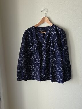 J. Crew Silk and Cotton Navy Blue Cherries Polka Dot Ruffle Yoke Blouse Sz L
